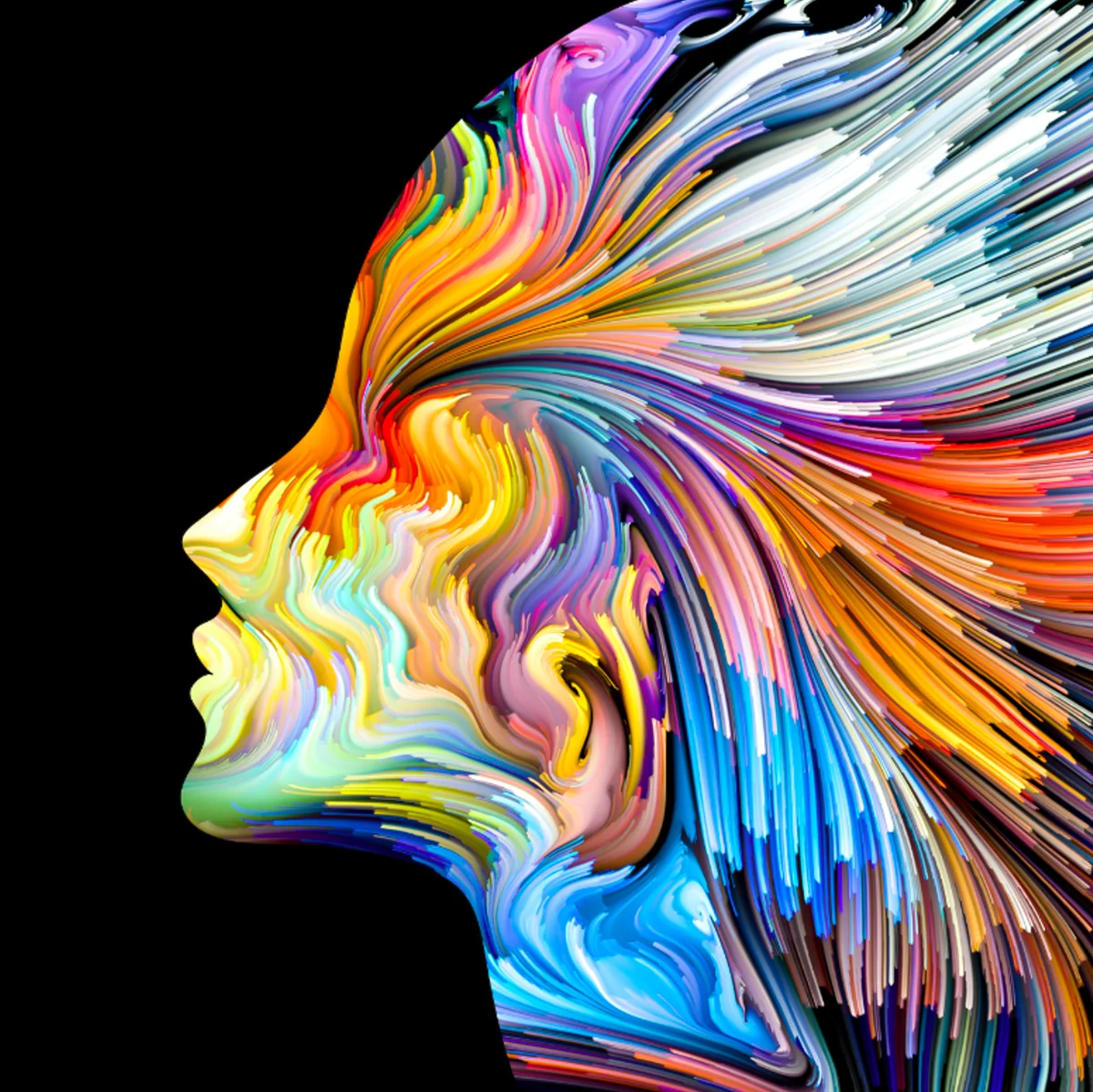 A face in profile formed from flowing multicoloured lines