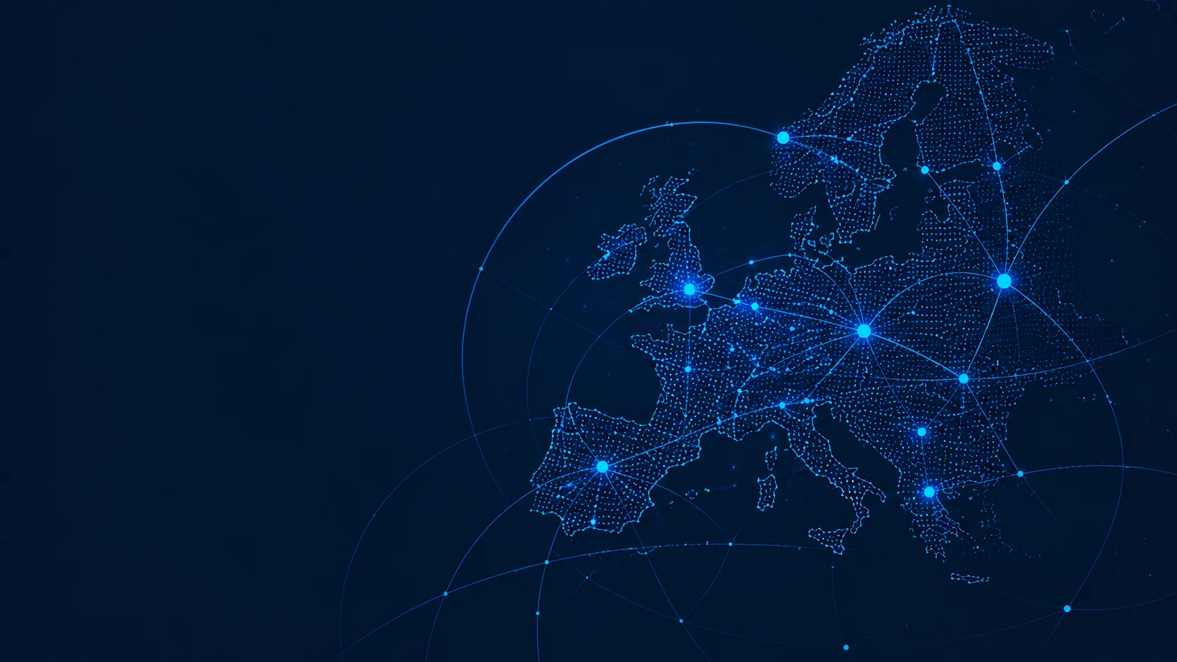 A blue map of Europe with connections between countries