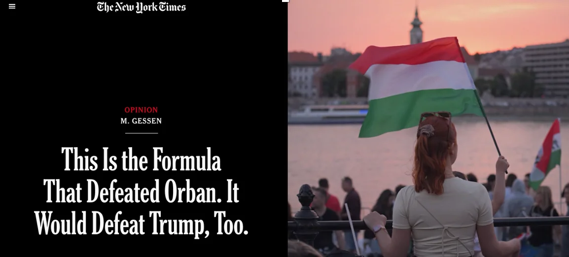 New York Times Opinion article by M. Gessen, with a photograph of a Hungarian flag beside the Danube